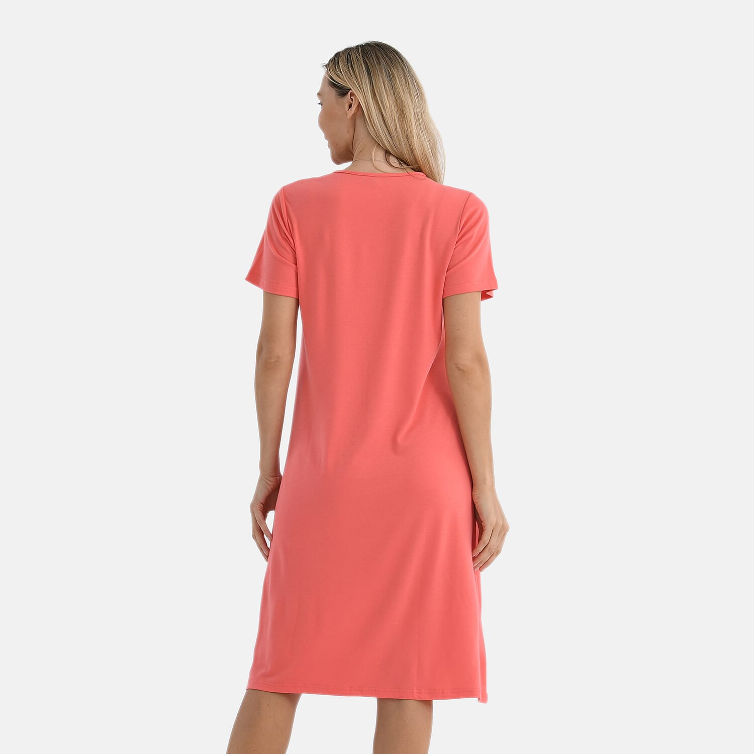 La Marey Casual Short Sleeve V-Neck Midi Dress with Embroidered Lace Trim (Size S) - Orange