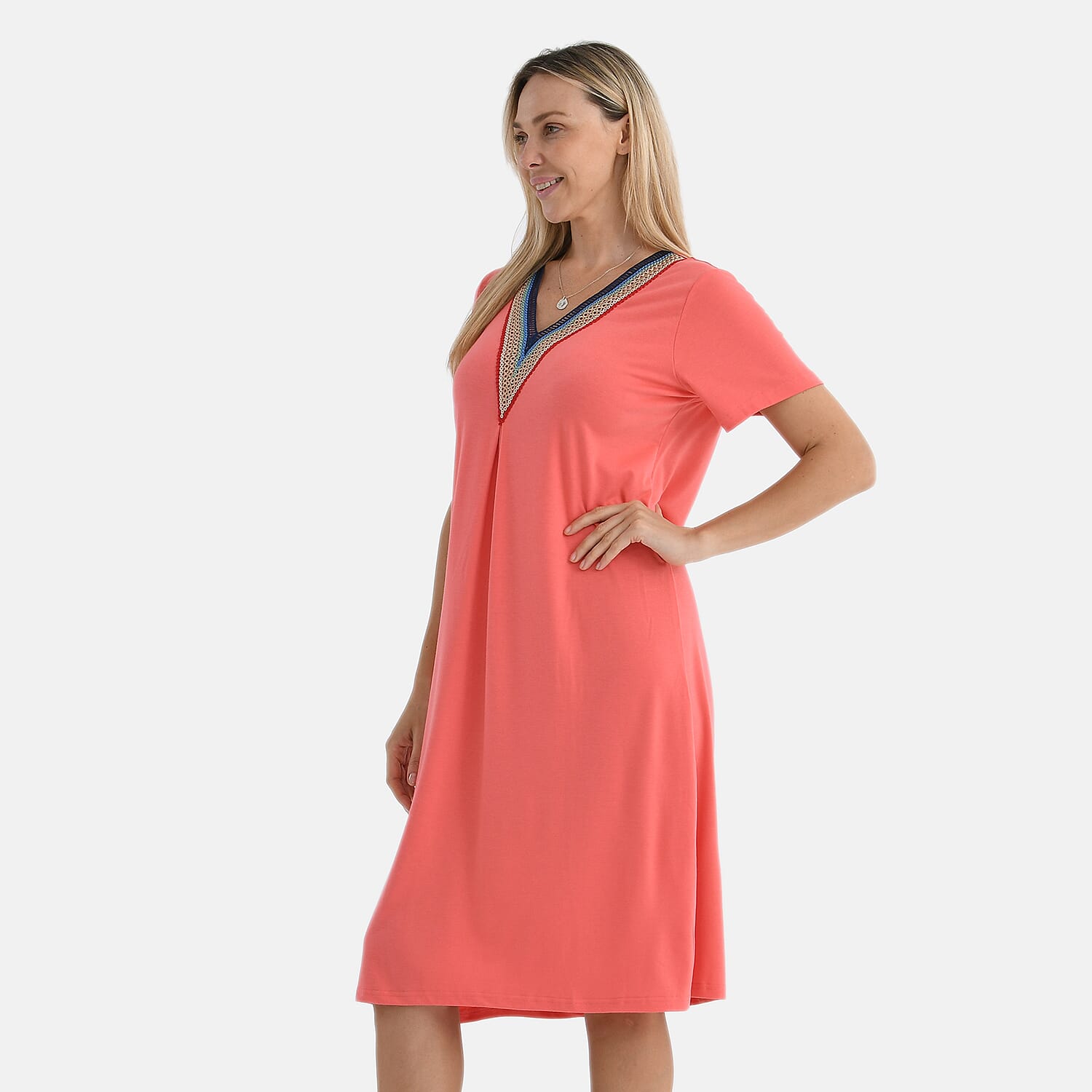 La Marey Casual Short Sleeve V-Neck Midi Dress with Embroidered Lace Trim (Size S) - Orange