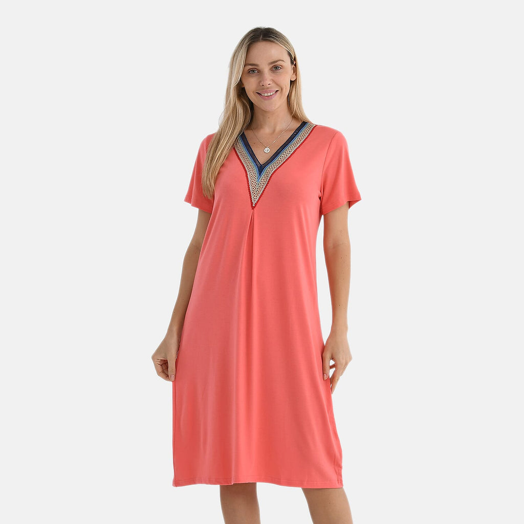 La Marey Casual Short Sleeve V-Neck Midi Dress with Embroidered Lace Trim (Size XXL) - Orange