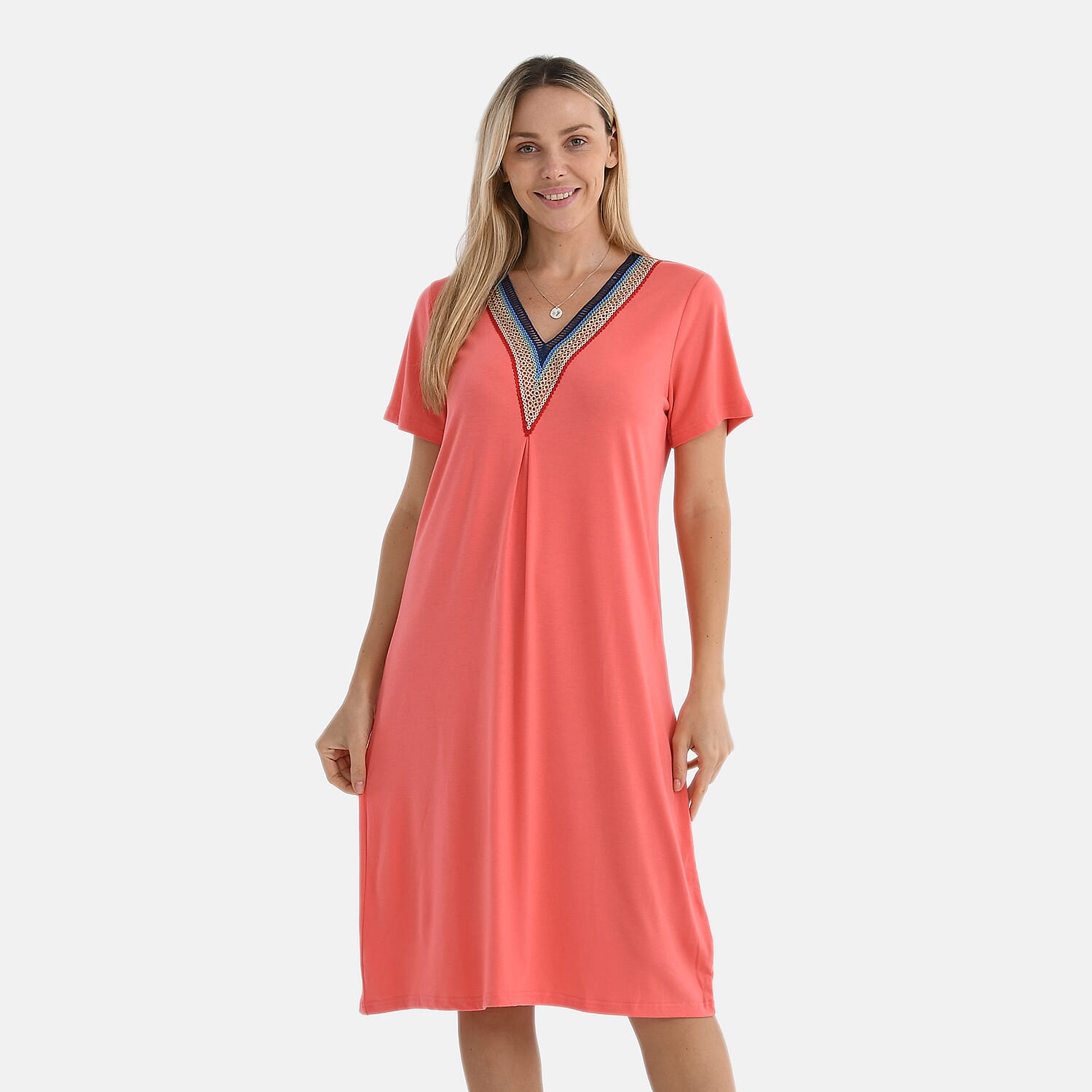 La Marey Casual Short Sleeve V-Neck Midi Dress with Embroidered Lace Trim (Size XXL) - Orange