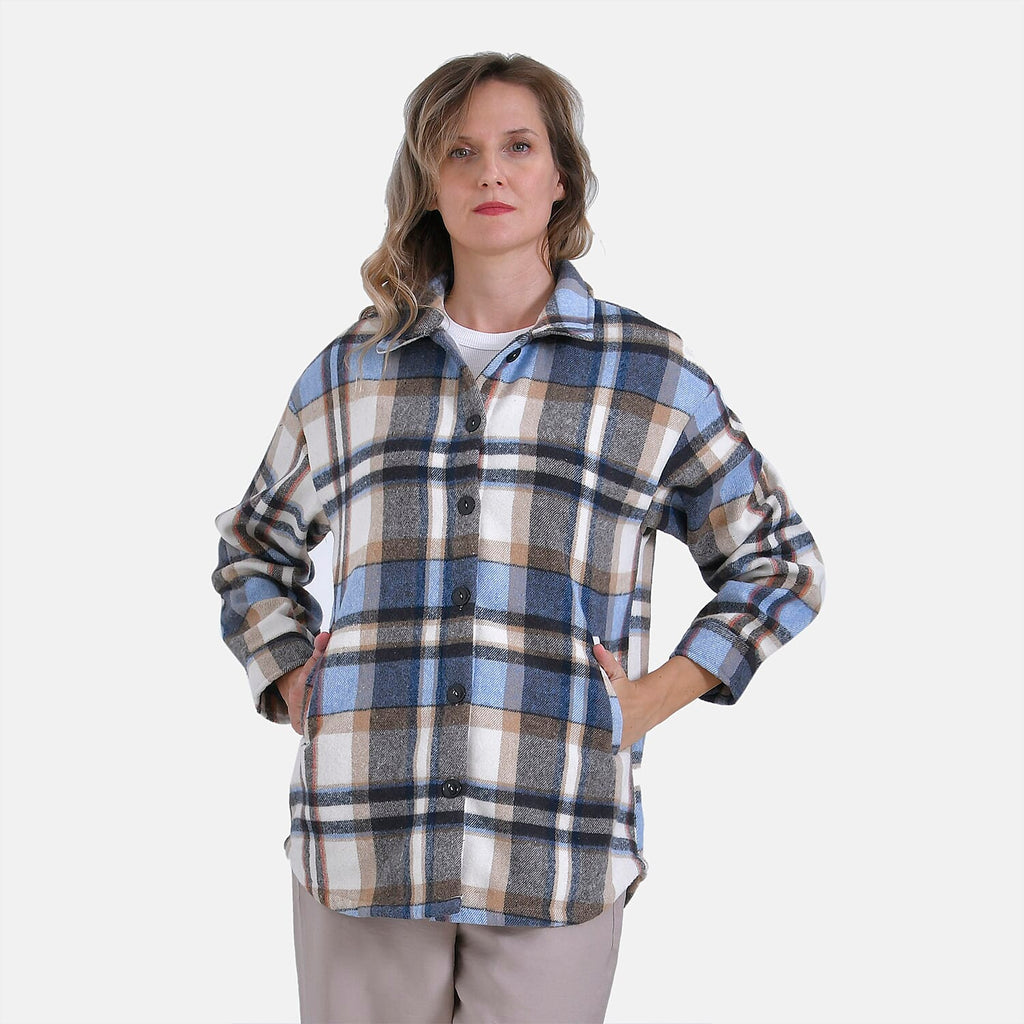 La Marey Plaid Button Down Shacket (Size 16 to 18) - Blue Brown & Brown