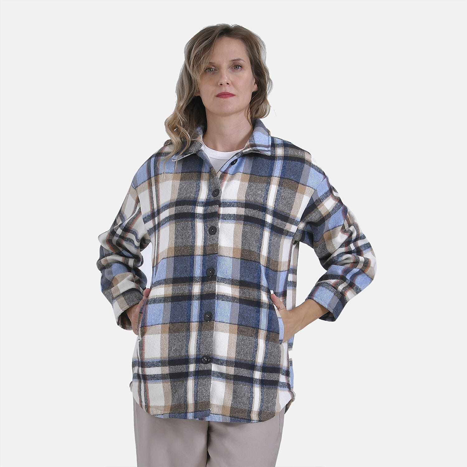 La Marey Plaid Button Down Shacket (Size 16 to 18) - Blue Brown & Brown