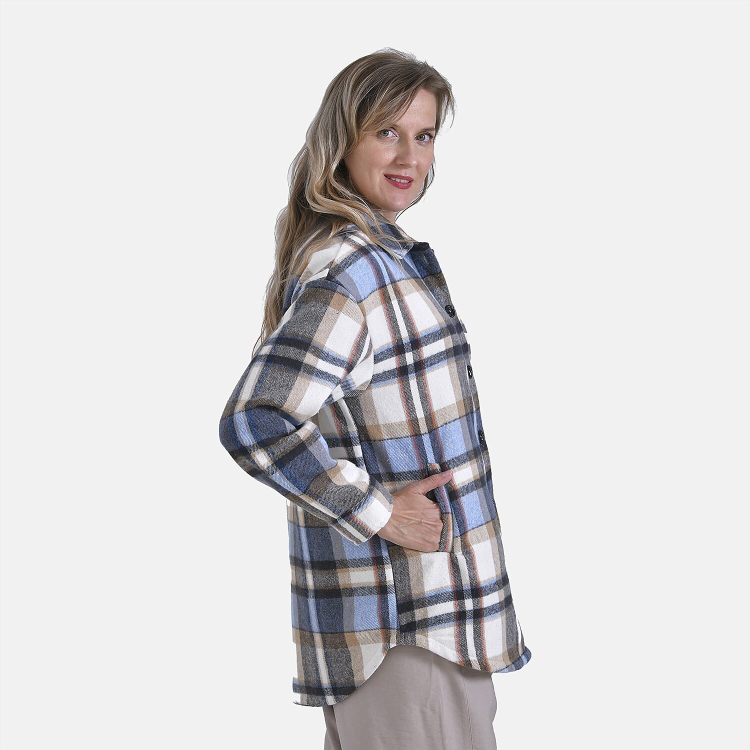 La Marey Plaid Button Down Shacket (Size 16 to 18) - Blue Brown & Brown