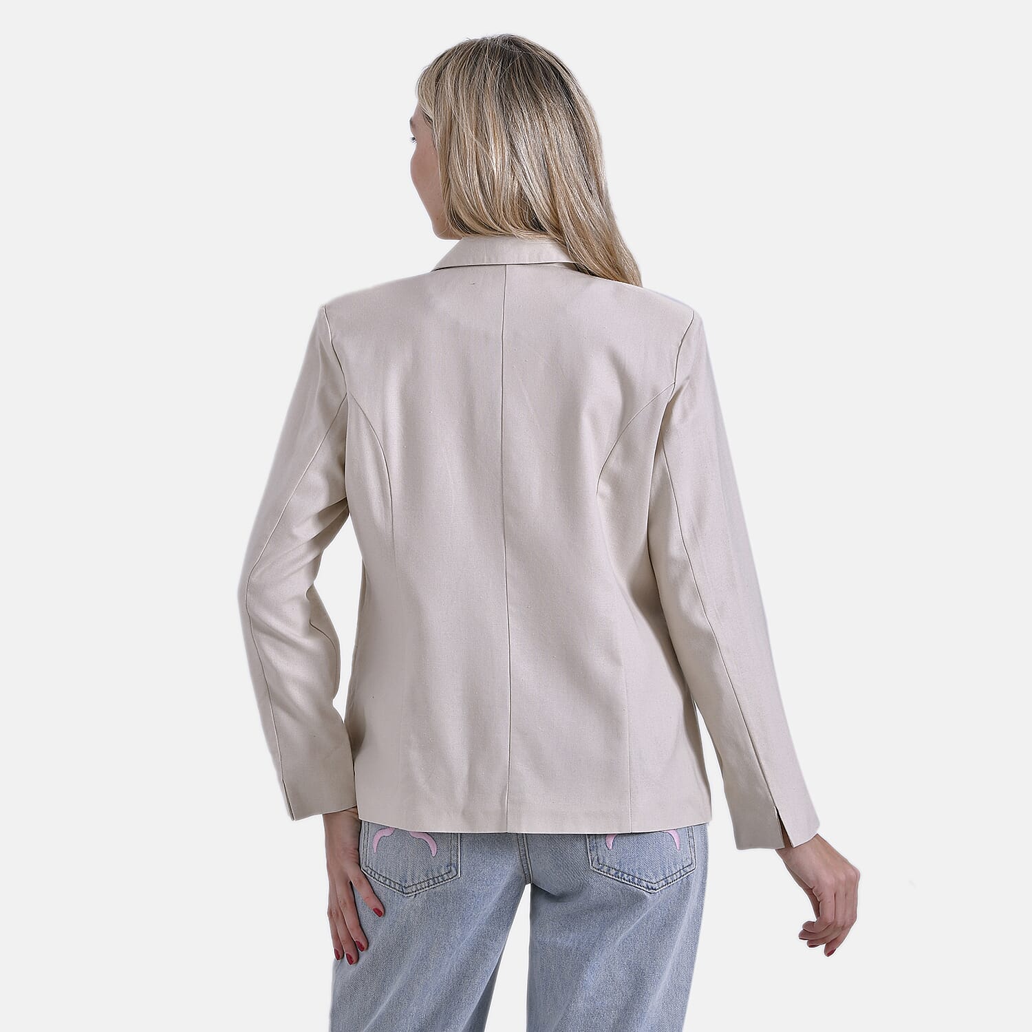 - Maisi Classic Linen Blend Long Sleeves Blazer with Notched Collar (Size M) - Beige