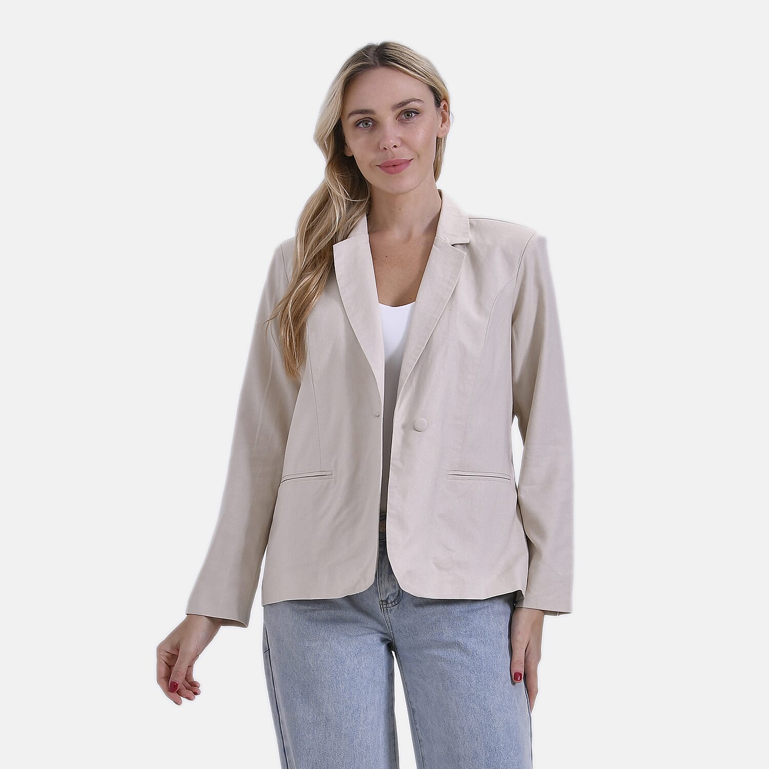 - Maisi Classic Linen Blend Long Sleeves Blazer with Notched Collar (Size S) - Beige