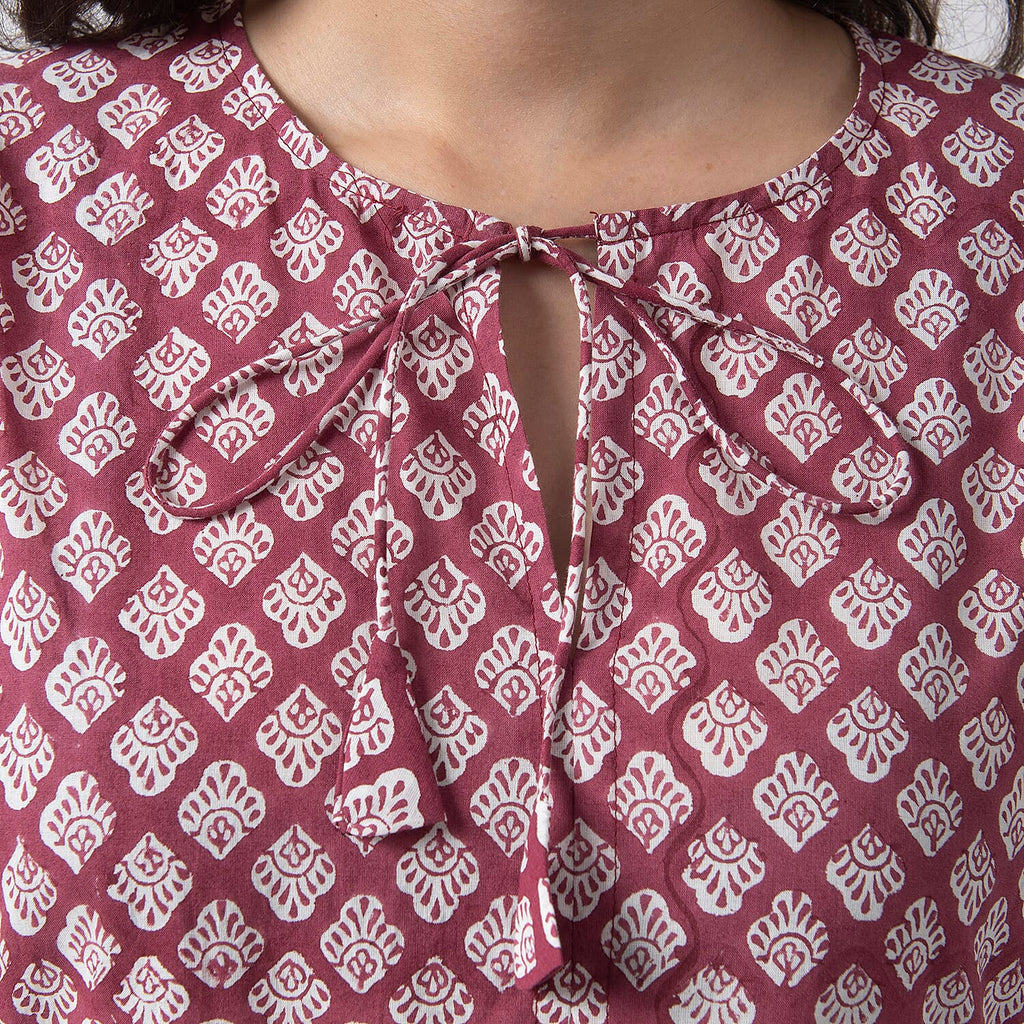 La Marey Cotton Block Dress (Size 125x1 cm) - Burgundy & Navy