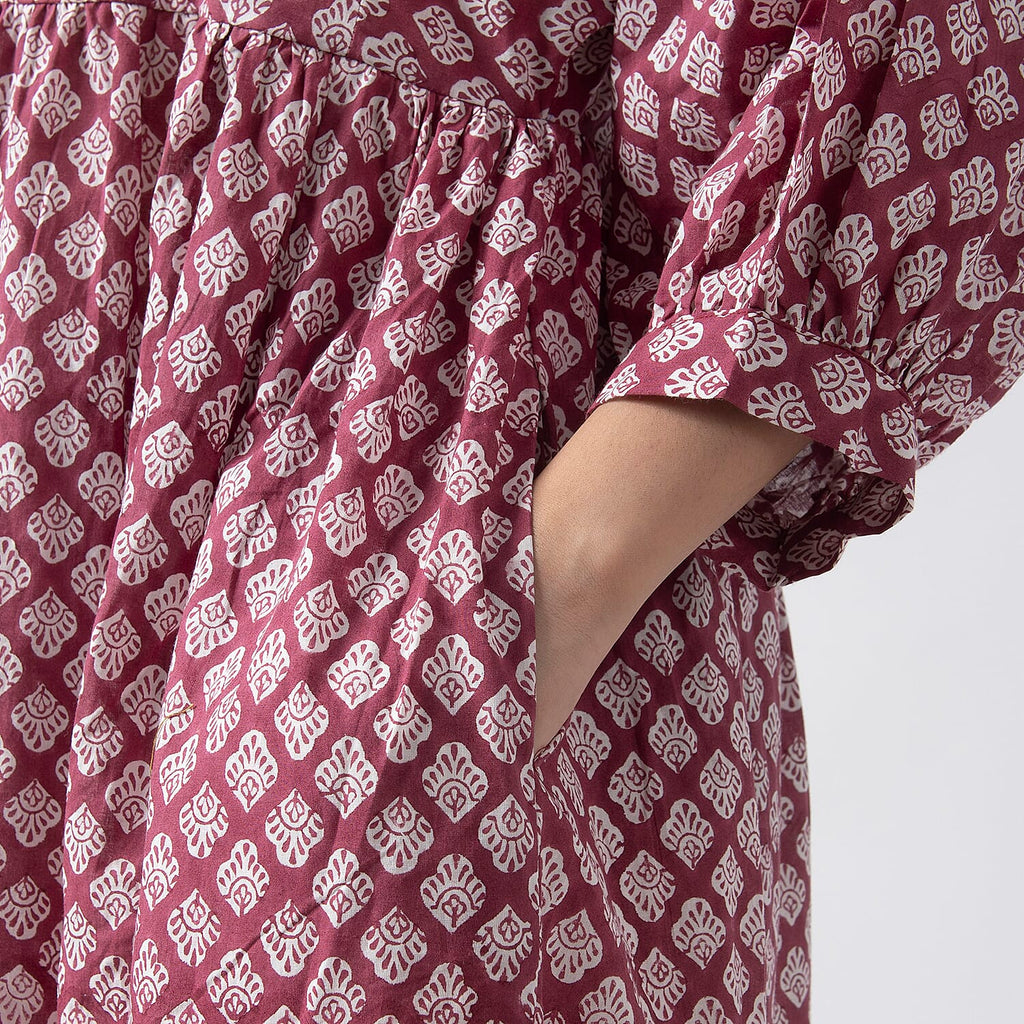 La Marey Cotton Block Dress (Size 125x1 cm) - Burgundy & Navy