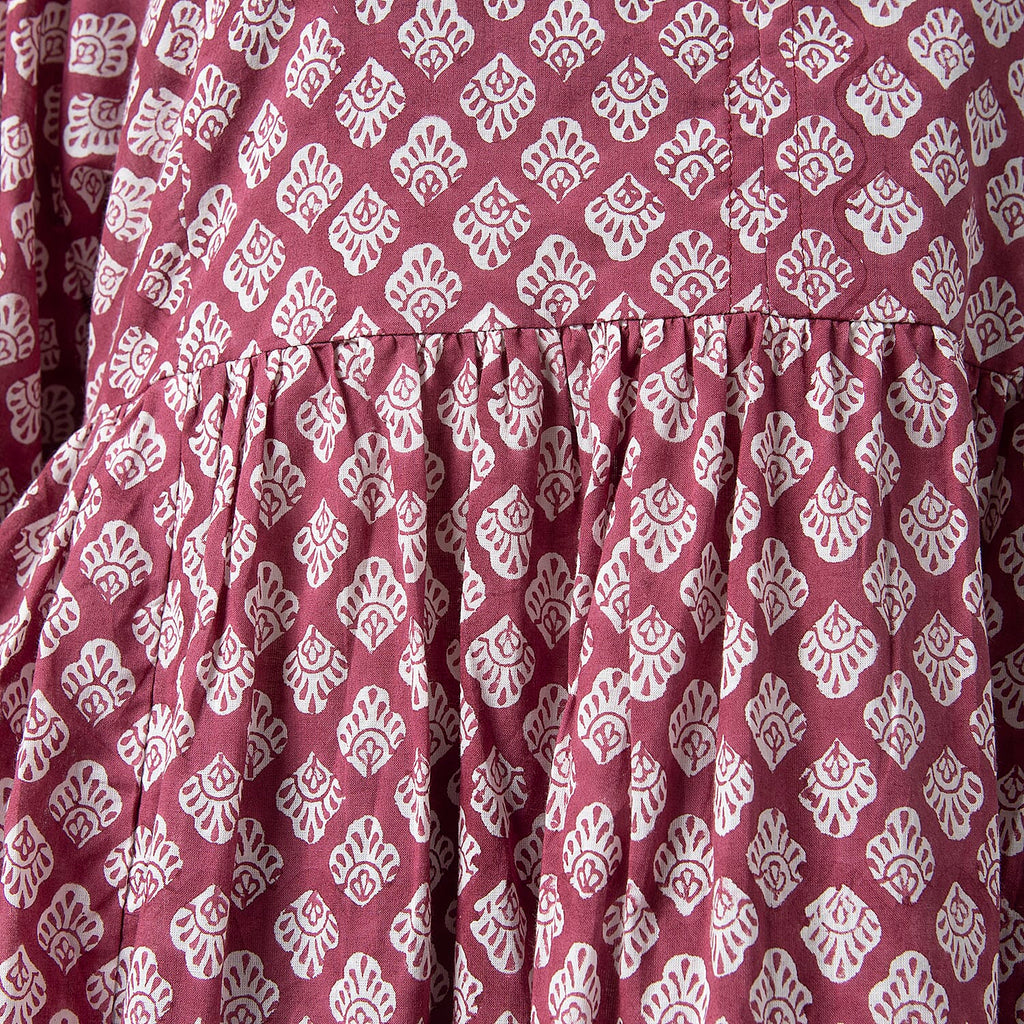 La Marey Cotton Block Dress (Size 125x1 cm) - Burgundy & Navy