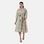 Sukriti 100 % Cotton Hand Block Leaf Print Dress with Belt (Size S) - Light Yellow