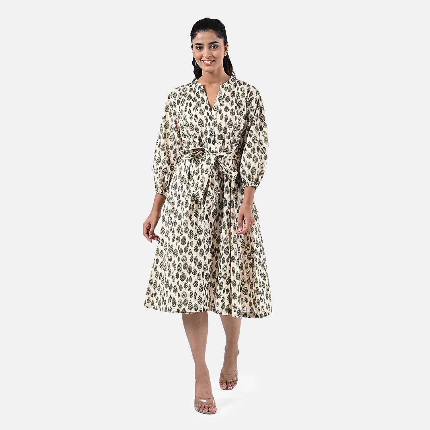 Sukriti 100 % Cotton Hand Block Leaf Print Dress with Belt (Size S) - Light Yellow