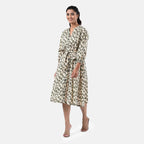 Sukriti 100 % Cotton Hand Block Leaf Print Dress with Belt (Size S) - Light Yellow
