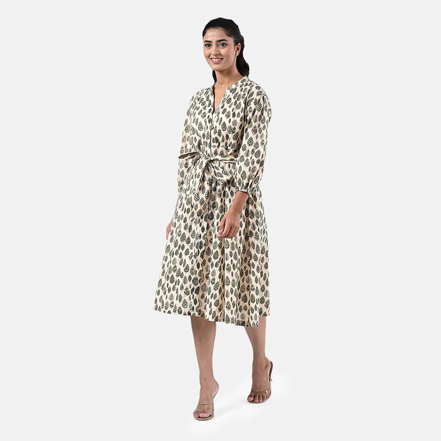Sukriti 100 % Cotton Hand Block Leaf Print Dress with Belt (Size S) - Light Yellow