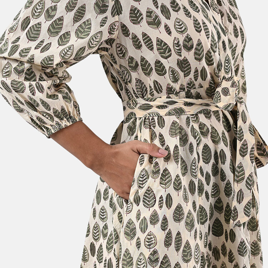 Sukriti 100 % Cotton Hand Block Leaf Print Dress with Belt (Size S) - Light Yellow