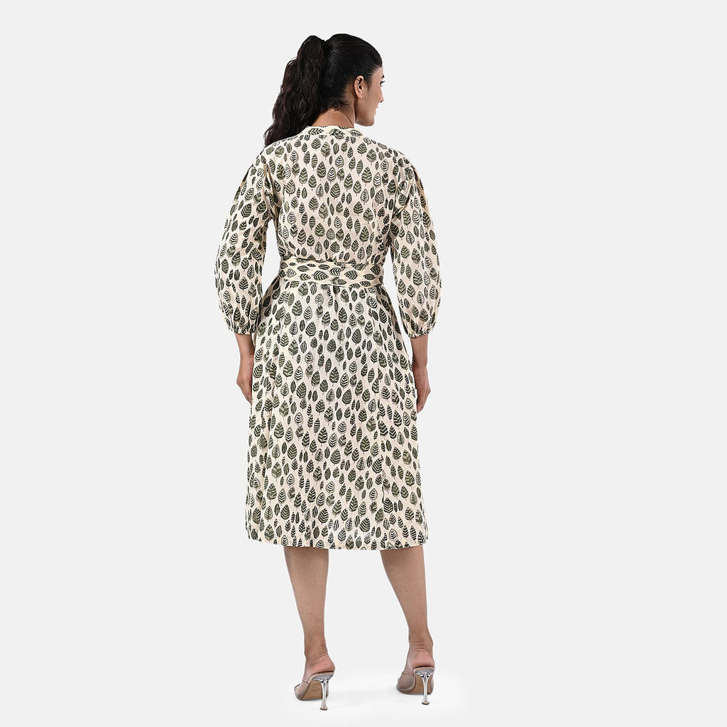 Sukriti 100 % Cotton Hand Block Leaf Print Dress with Belt (Size S) - Light Yellow