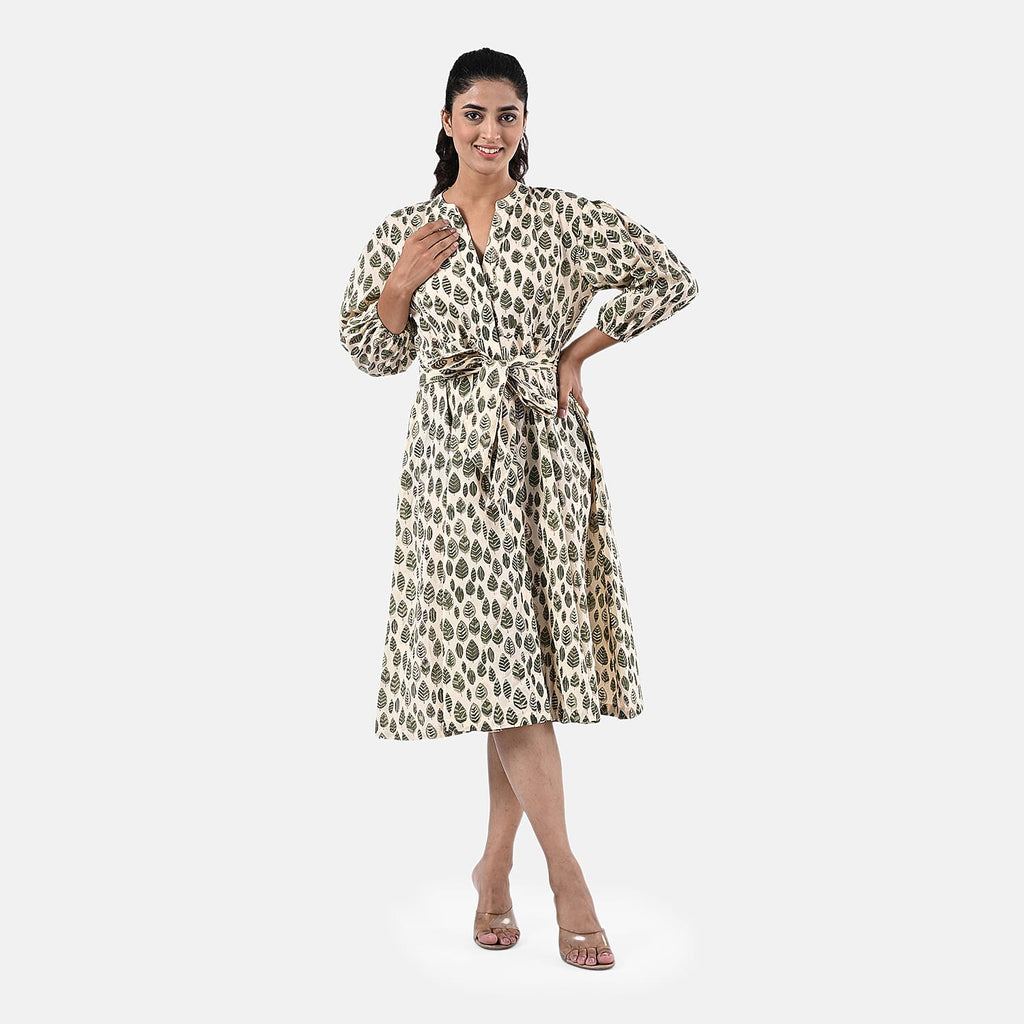 Sukriti 100 % Cotton Hand Block Leaf Print Dress with Belt (Size S) - Light Yellow