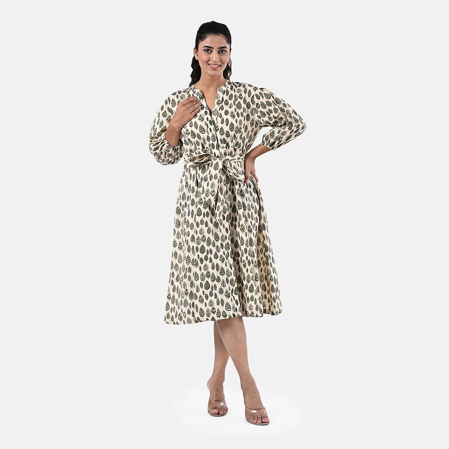 Sukriti 100 % Cotton Hand Block Leaf Print Dress with Belt (Size S) - Light Yellow