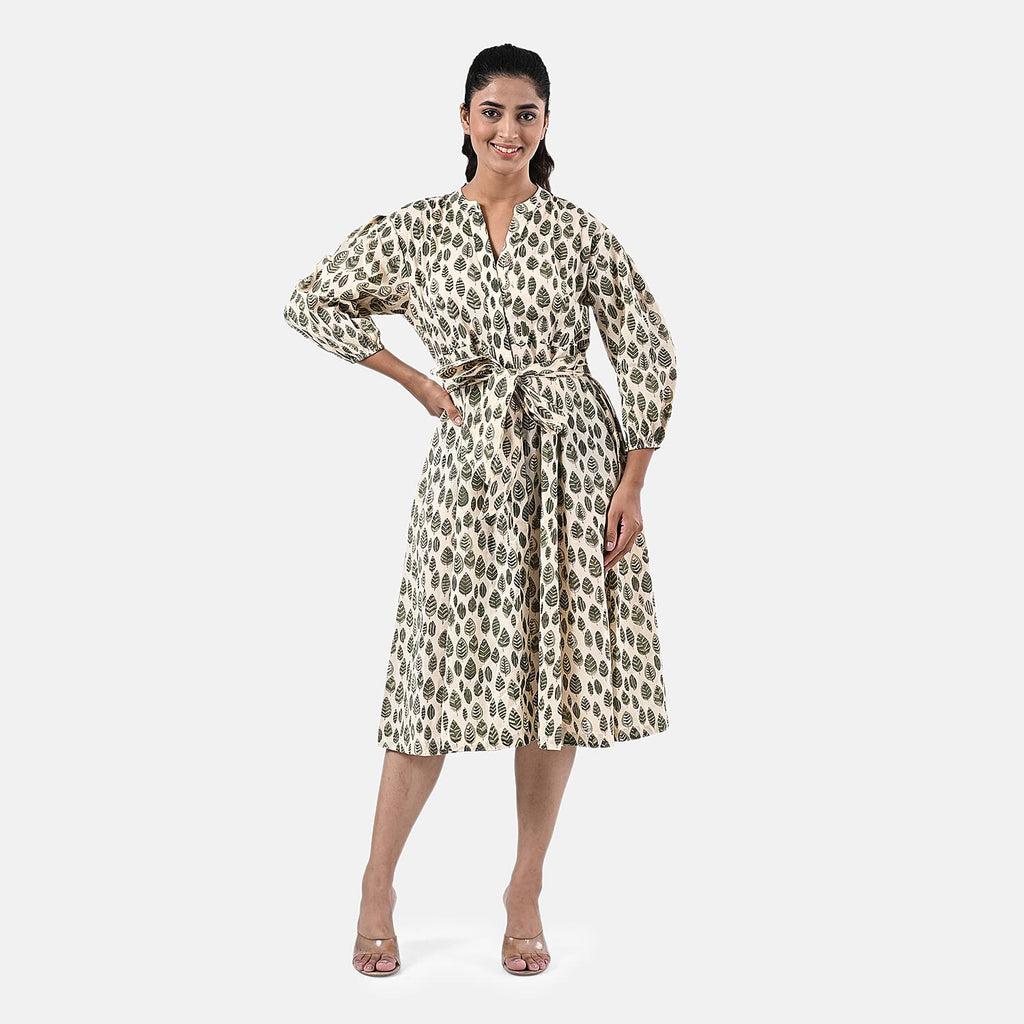 Sukriti 100 % Cotton Hand Block Leaf Print Dress with Belt (Size S) - Light Yellow