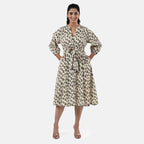Sukriti 100 % Cotton Hand Block Leaf Print Dress with Belt (Size S) - Light Yellow