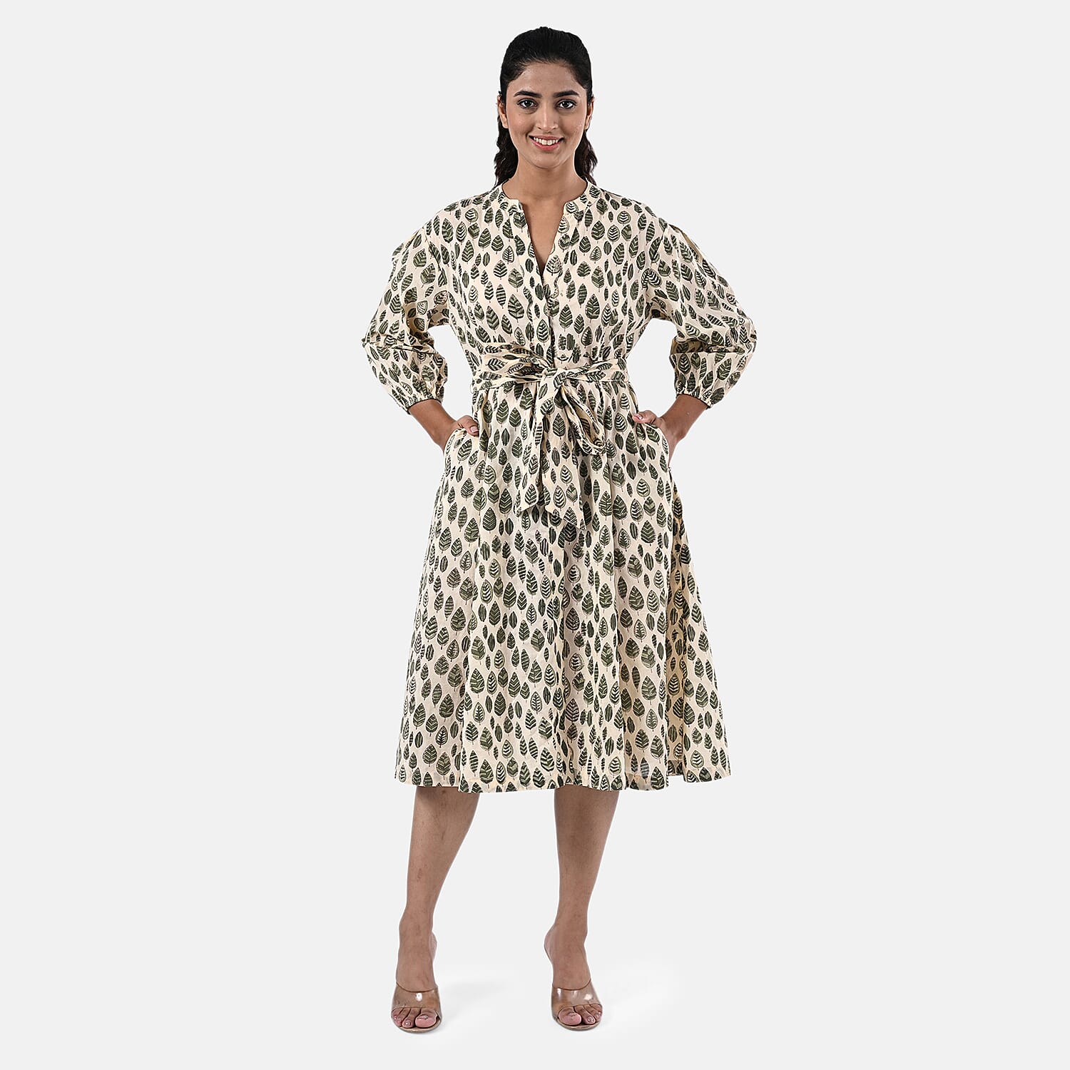 Sukriti 100 % Cotton Hand Block Leaf Print Dress with Belt (Size S) - Light Yellow