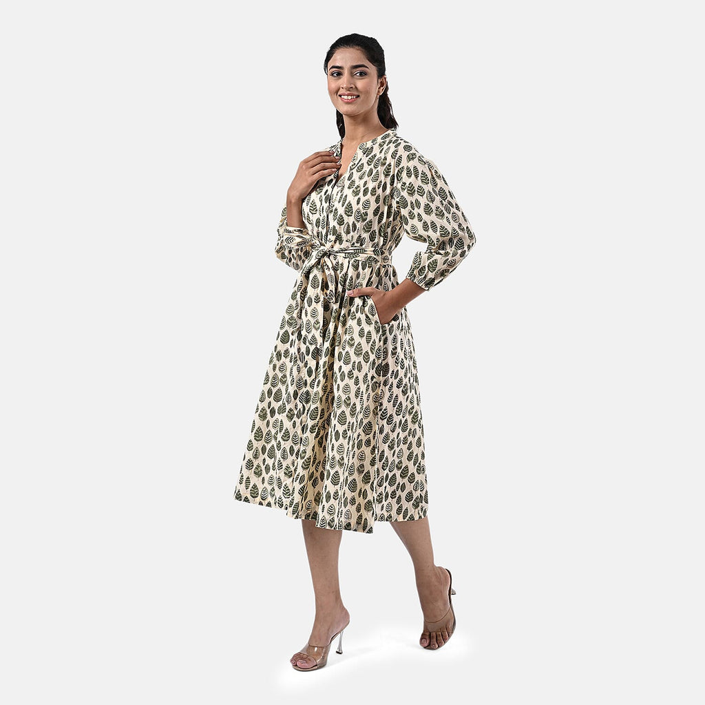 Sukriti 100 % Cotton Hand Block Leaf Print Dress with Belt (Size S) - Light Yellow