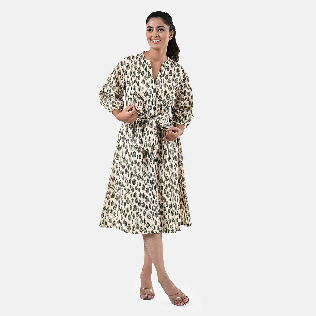 Sukriti 100 % Cotton Hand Block Leaf Print Dress with Belt (Size S) - Light Yellow