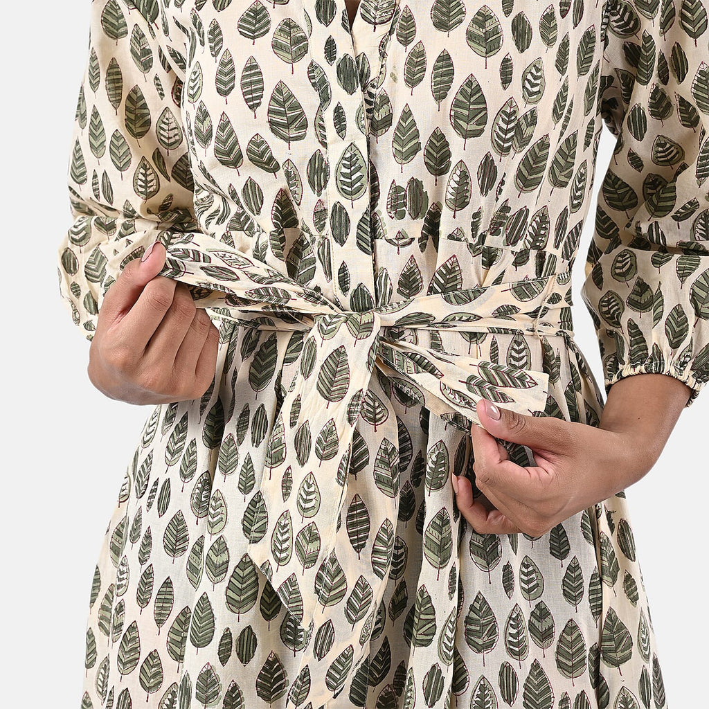 Sukriti 100 % Cotton Hand Block Leaf Print Dress with Belt (Size S) - Light Yellow