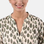 Sukriti 100 % Cotton Hand Block Leaf Print Dress with Belt (Size S) - Light Yellow