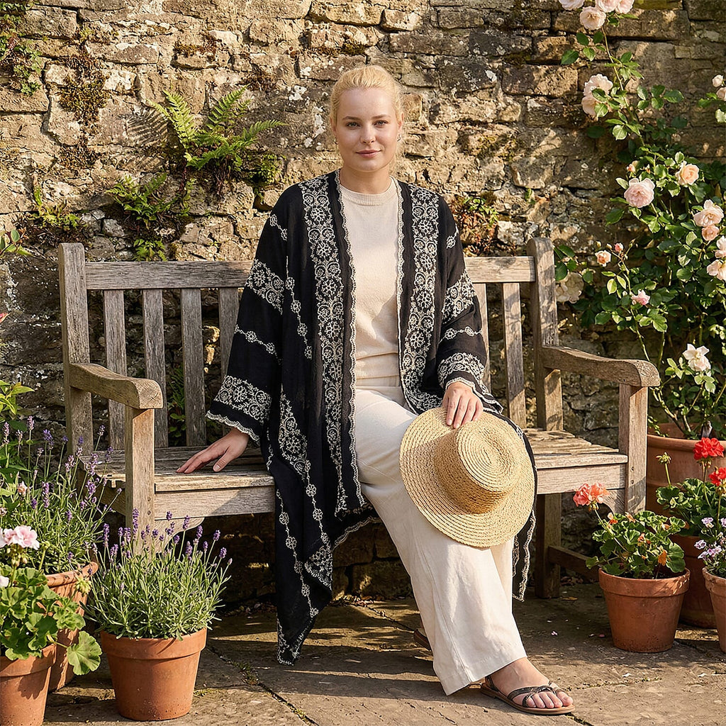 La Marey Cotton Embroidery Midi Kimono (One Size) - Black