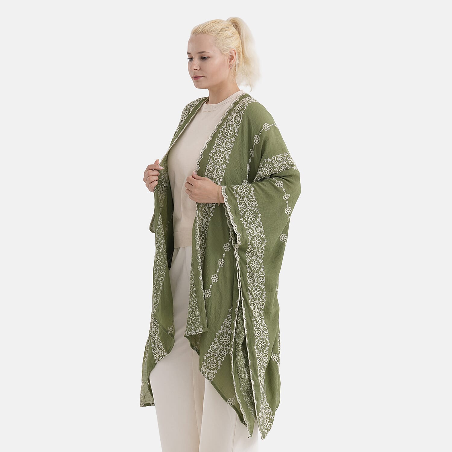 La Marey Cotton Embroidery Midi Kimono (One Size) - Green