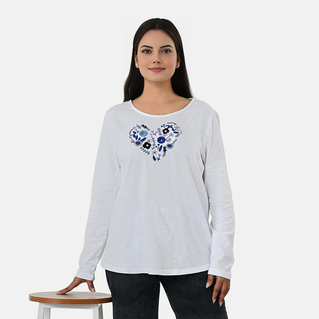 La Marey Cotton Floral Heart Embroidered Full Sleeves T-Shirt (Size L, Fit 16 To 18) - Off White