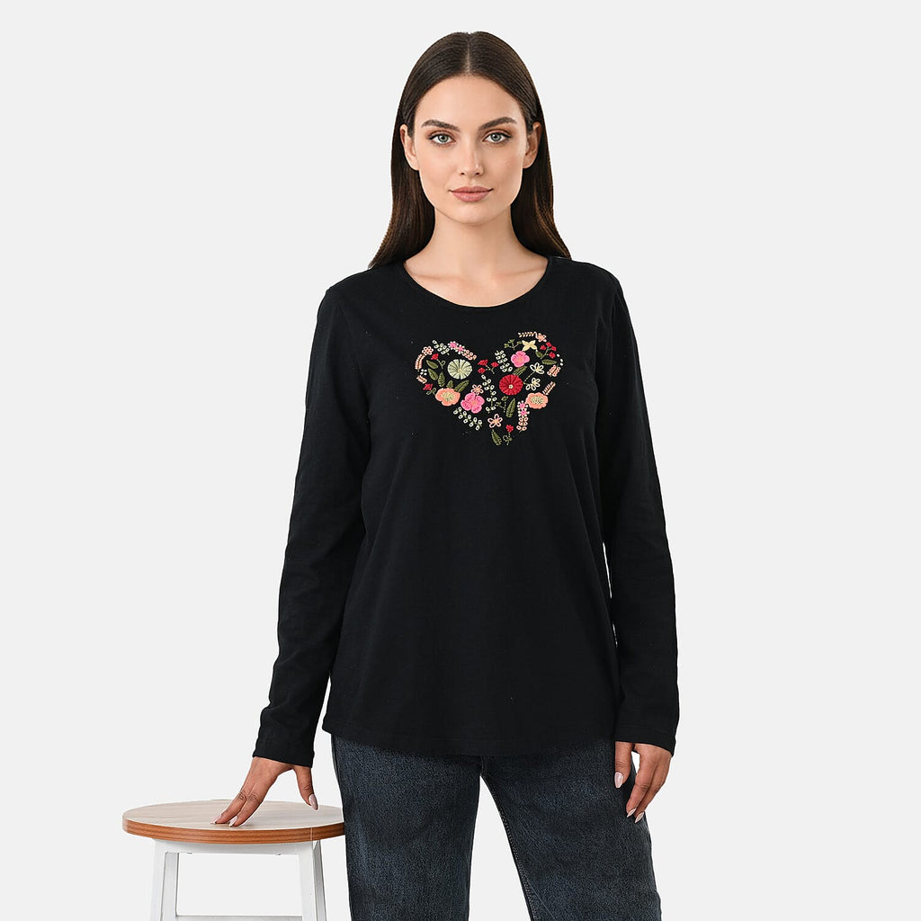 La Marey Cotton Floral Heart Embroidered Full Sleeves T-Shirt (Size M, Fit 12 To 14) - Black