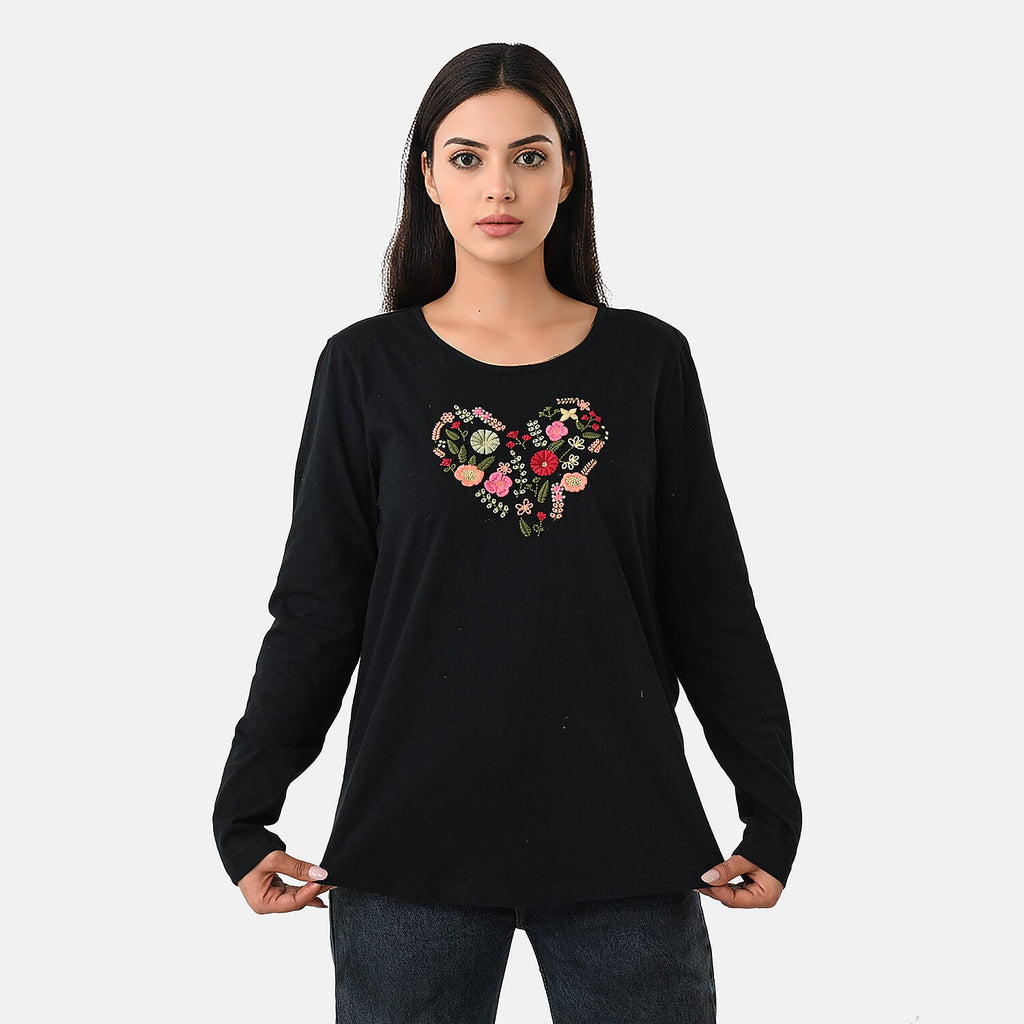 La Marey Cotton Floral Heart Embroidered Full Sleeves T-Shirt (Size M, Fit 12 To 14) - Black