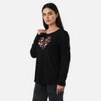 La Marey Cotton Floral Heart Embroidered Full Sleeves T-Shirt (Size M, Fit 12 To 14) - Black