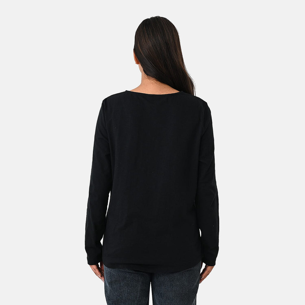 La Marey Cotton Floral Heart Embroidered Full Sleeves T-Shirt (Size M, Fit 12 To 14) - Black