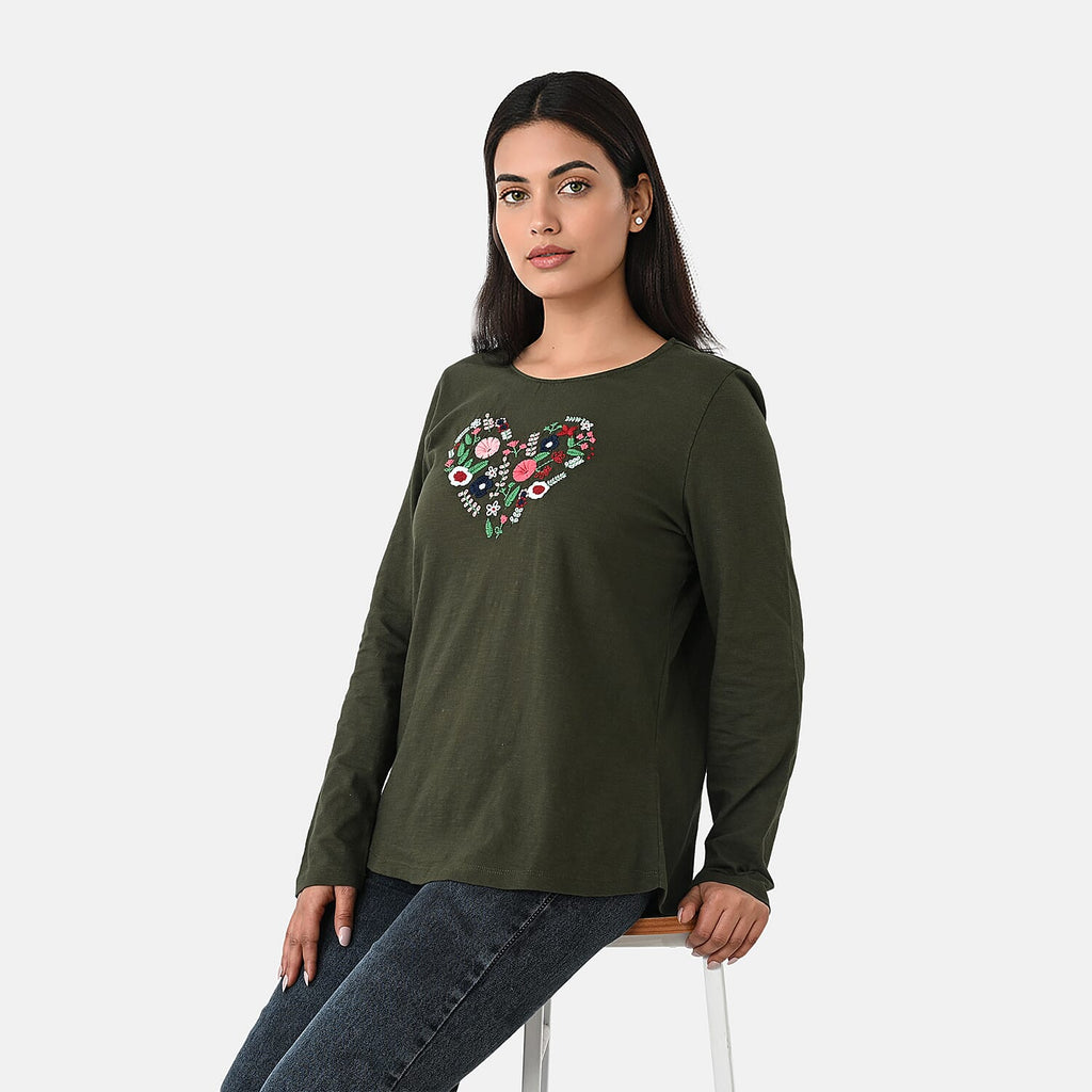 La Marey Cotton Floral Heart Embroidered Full Sleeves T-Shirt (Size M, Fit 12 To 14) - Khaki