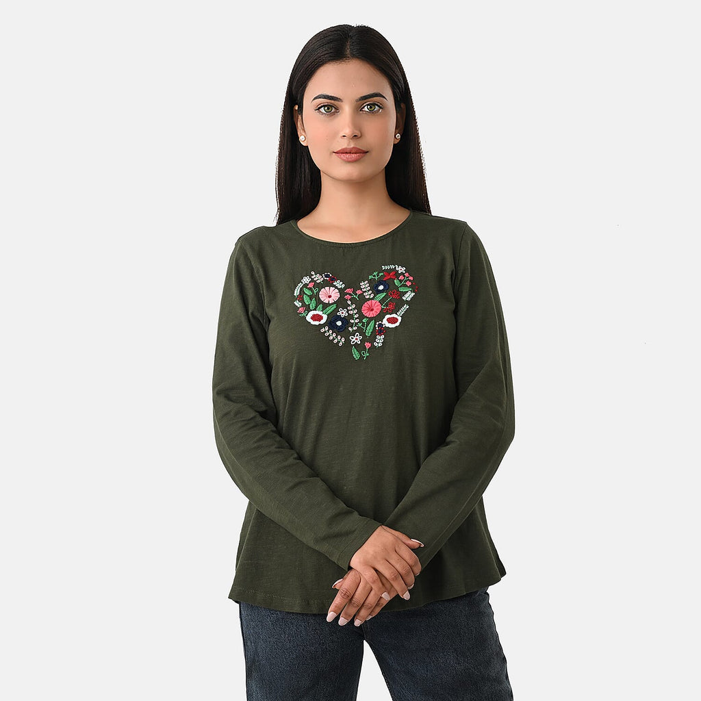 La Marey Cotton Floral Heart Embroidered Full Sleeves T-Shirt (Size M, Fit 12 To 14) - Khaki