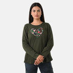 La Marey Cotton Floral Heart Embroidered Full Sleeves T-Shirt (Size M, Fit 12 To 14) - Khaki
