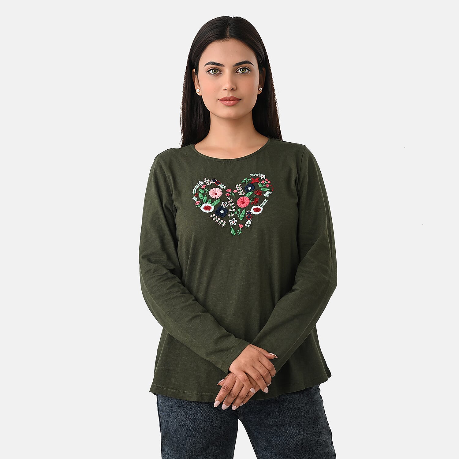 La Marey Cotton Floral Heart Embroidered Full Sleeves T-Shirt (Size M, Fit 12 To 14) - Khaki