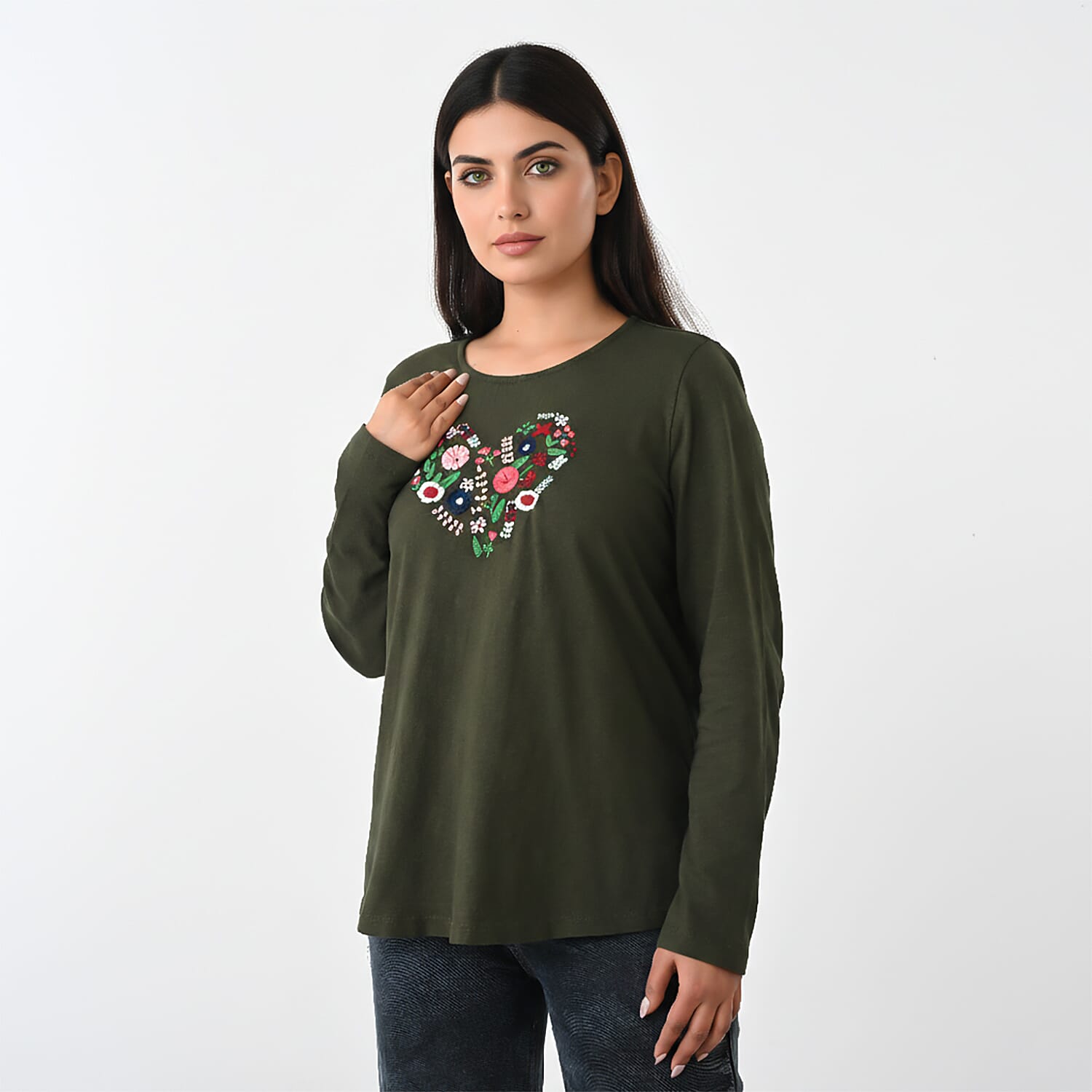 La Marey Cotton Floral Heart Embroidered Full Sleeves T-Shirt (Size M, Fit 12 To 14) - Khaki