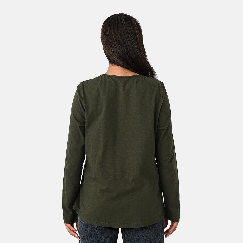 La Marey Cotton Floral Heart Embroidered Full Sleeves T-Shirt (Size M, Fit 12 To 14) - Khaki