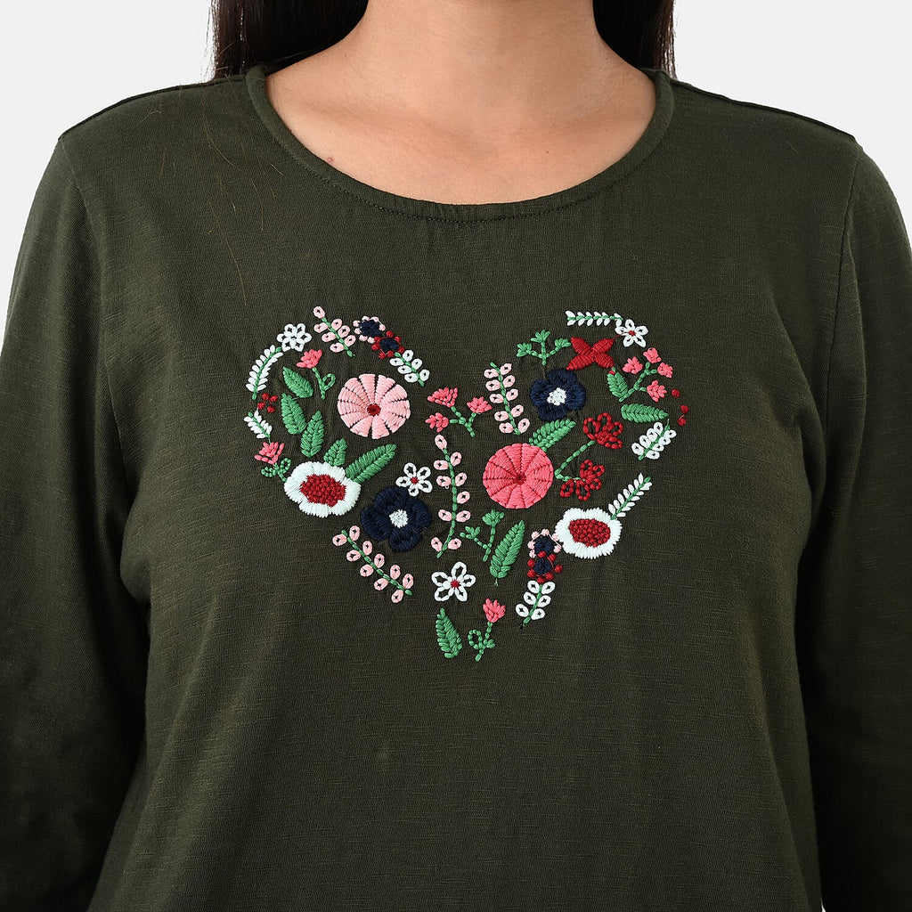 La Marey Cotton Floral Heart Embroidered Full Sleeves T-Shirt (Size M, Fit 12 To 14) - Khaki