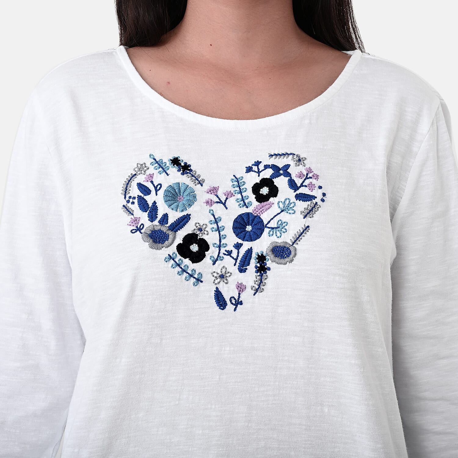 La Marey Cotton Floral Heart Embroidered Full Sleeves T-Shirt (Size M, Fit 12 To 14) - Off White