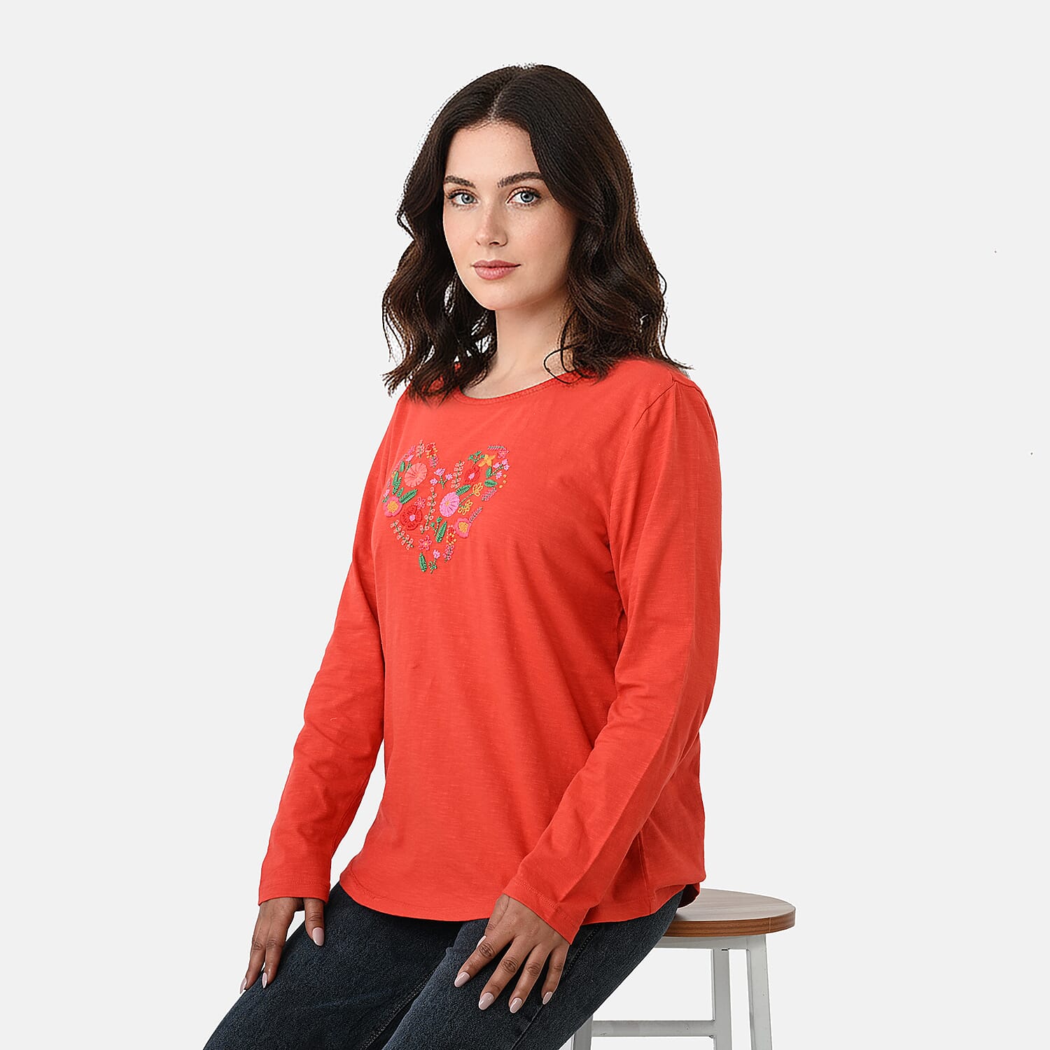 La Marey Cotton Floral Heart Embroidered Full Sleeves T-Shirt (Size M, Fit 12 To 14) - Red