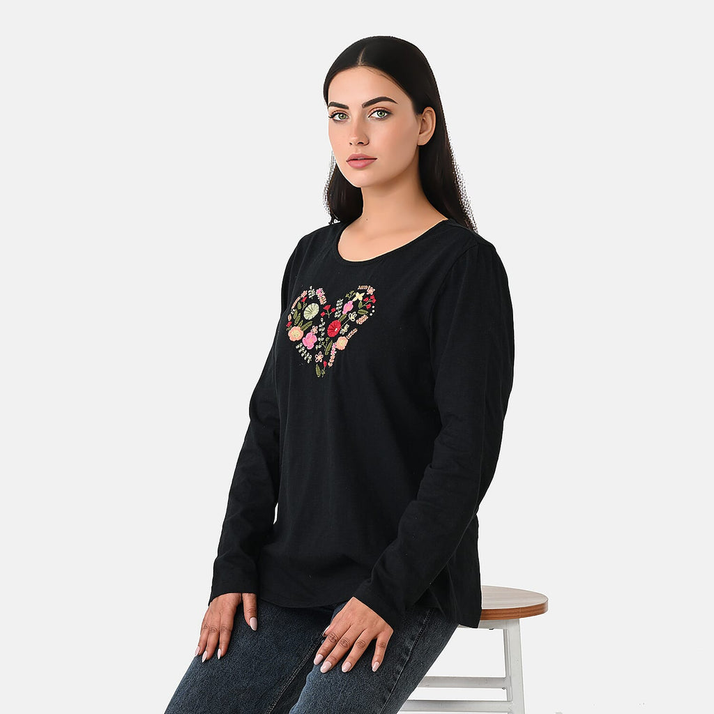 La Marey Cotton Floral Heart Embroidered Full Sleeves T-Shirt (Size S, Fit 8 To 10) - Black
