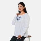 La Marey Cotton Floral Heart Embroidered Full Sleeves T-Shirt (Size S, Fit 8 To 10) - Off White