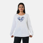 La Marey Cotton Floral Heart Embroidered Full Sleeves T-Shirt (Size S, Fit 8 To 10) - Off White