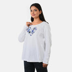 La Marey Cotton Floral Heart Embroidered Full Sleeves T-Shirt (Size S, Fit 8 To 10) - Off White