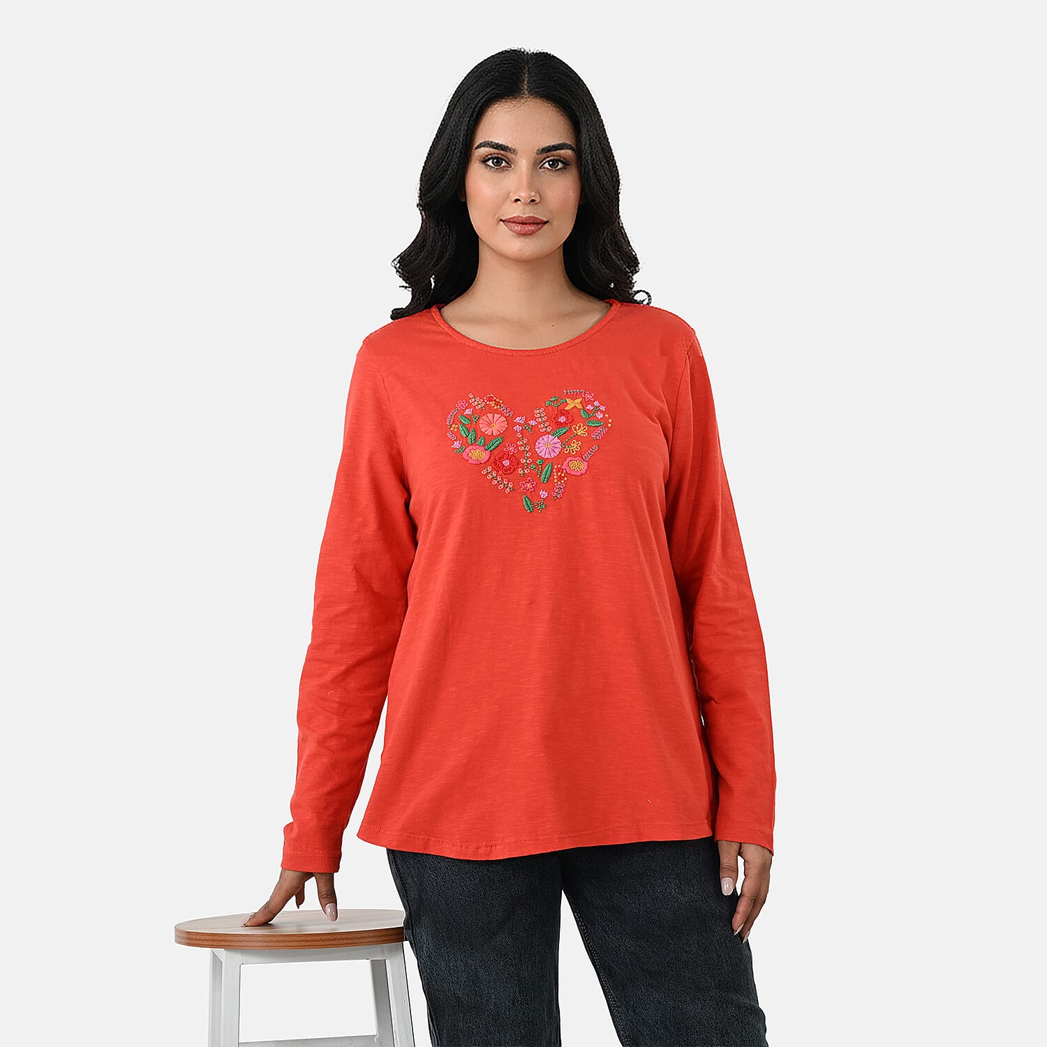 La Marey Cotton Floral Heart Embroidered Full Sleeves T-Shirt (Size S, Fit 8 To 10) - Red
