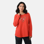 La Marey Cotton Floral Heart Embroidered Full Sleeves T-Shirt (Size S, Fit 8 To 10) - Red