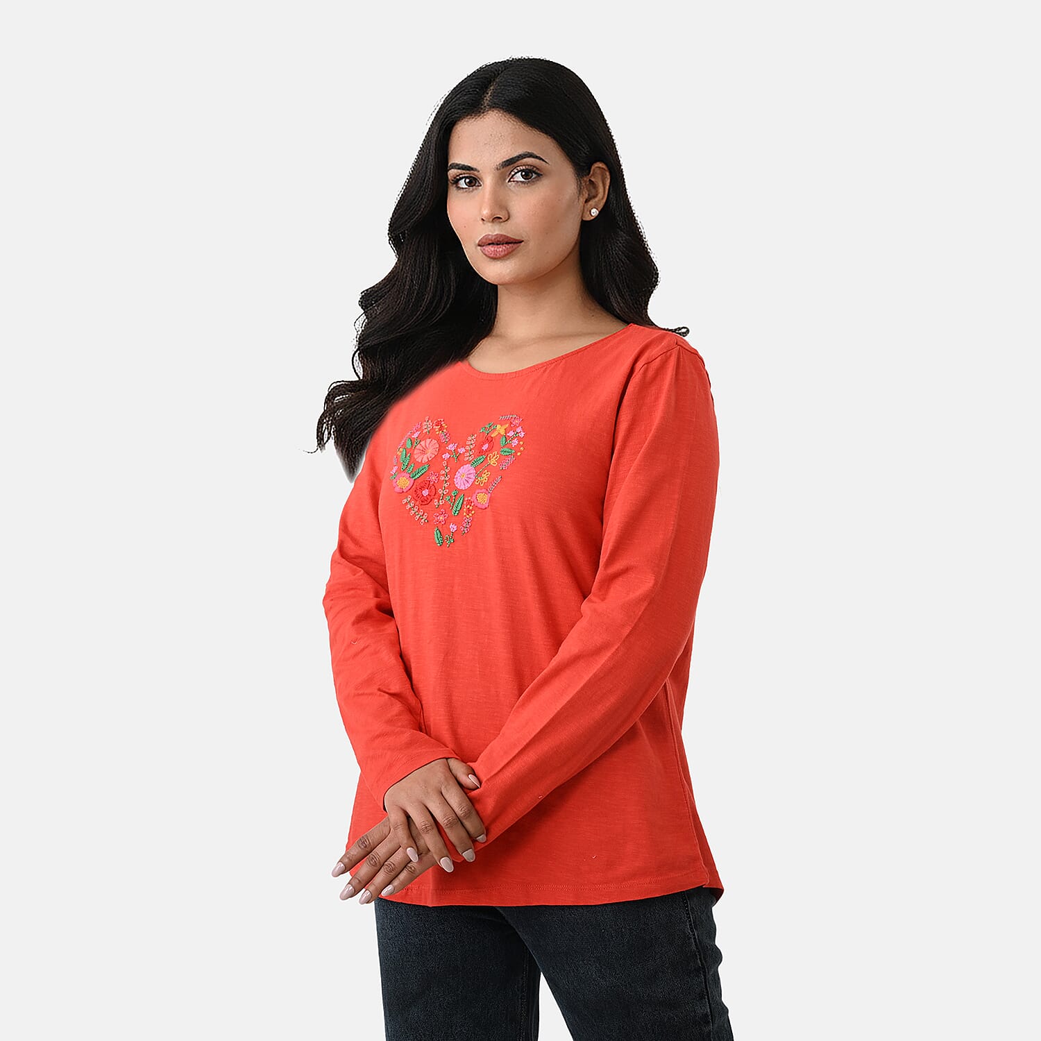 La Marey Cotton Floral Heart Embroidered Full Sleeves T-Shirt (Size S, Fit 8 To 10) - Red